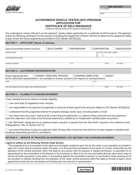 Ca Dmv Form Ol 319 Autonomous Vehicle Tester Avt Program Application Ca Dmv Form Ol 319 Autonomous Vehicle Tester Avt Program Application