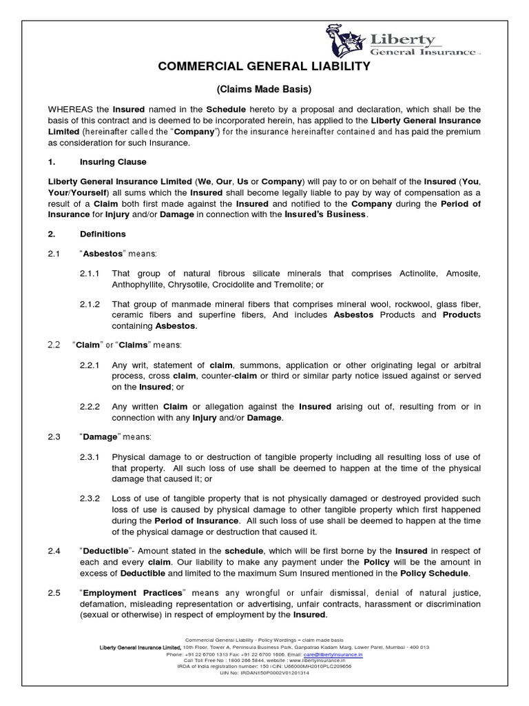 Commercial General Liability Insurance Policy