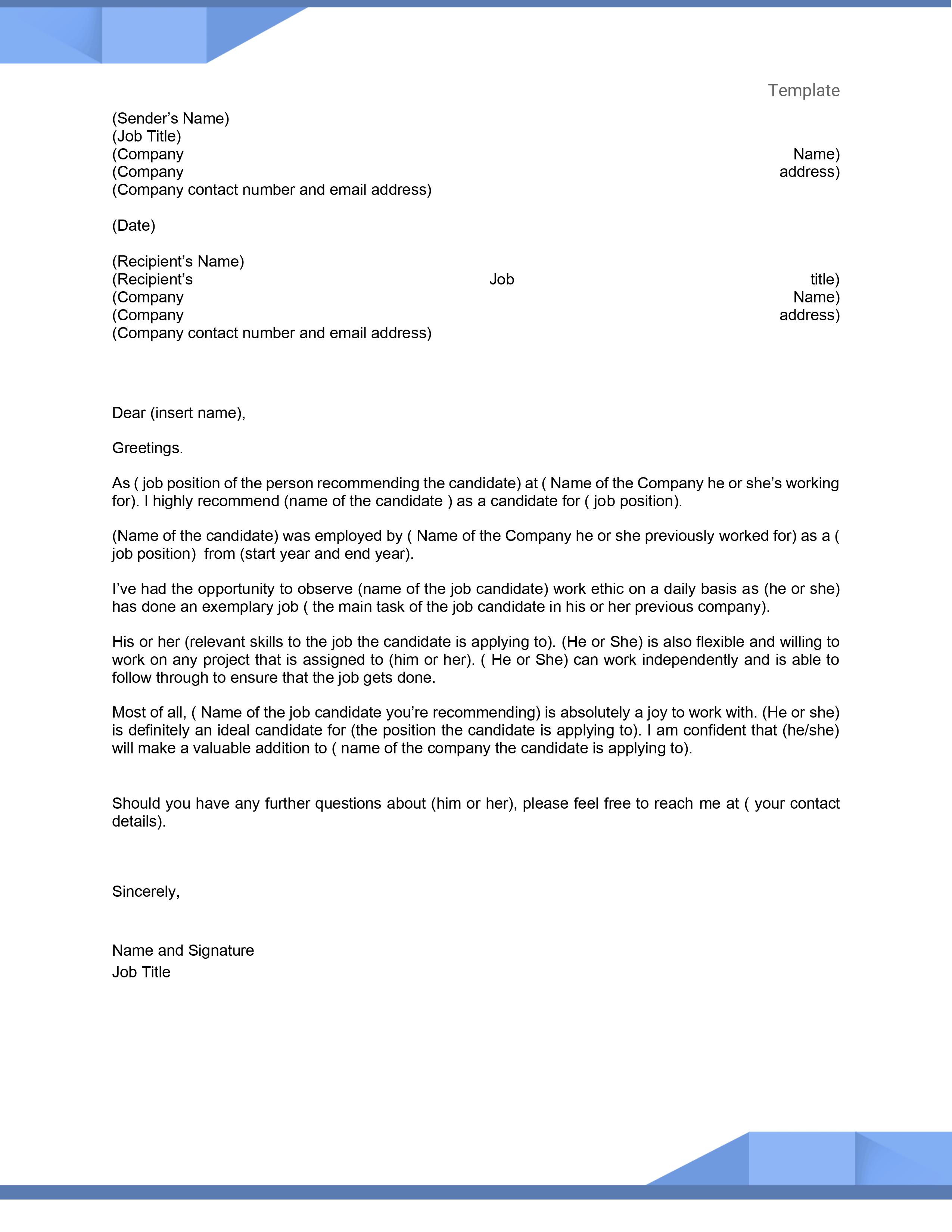 Employee Recommendation Letter Template Employee Recommendation Letter Template