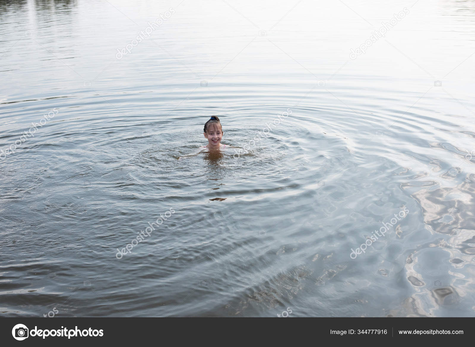 Pleasure Beautiful Little Girl Swim In Blue Water Lean Out Of Water Pleasure Beautiful Little Girl Swim In Blue Water Lean Out Of Water