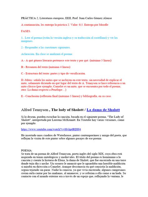 Practica 2 La Dama De Shalott En Ingles Y Espa Ol Con Imagenes Pdf